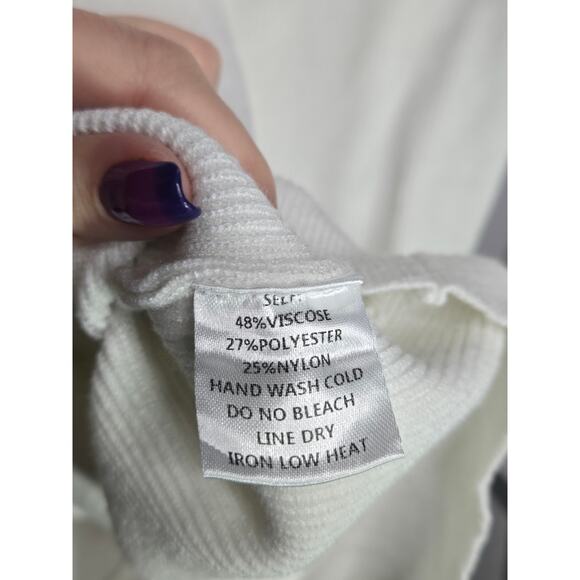 Puff Sleeve Gold Detail White Low Cut Contemporary Cozy Casual Sweater Top | S - Picture 6 of 9